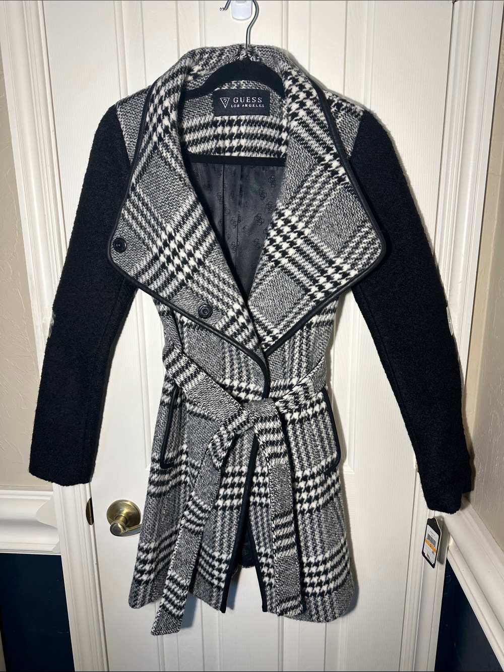 GUESS Black & White Plaid Belted Wrap Trench Coat Size S